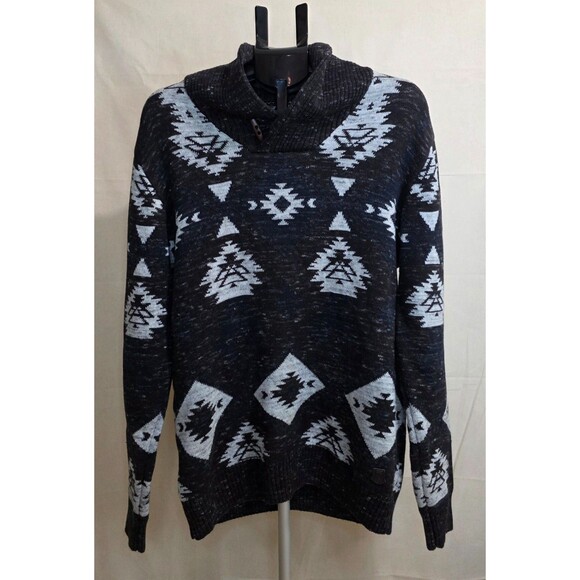 Trash Nouveau Shawl Collar Pullover Sweater — Black & Gray Aztec Knit — XL 2000s - Picture 2 of 11